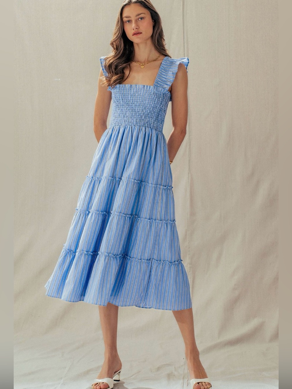 Smocked Square-Neck Midi Dress - Light Blue stripes